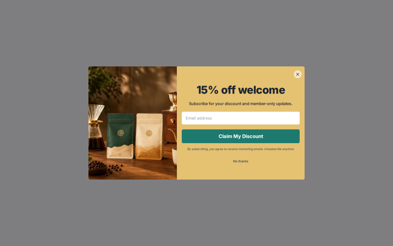 Welcome Offer - Pine — Popup Shopify popup template