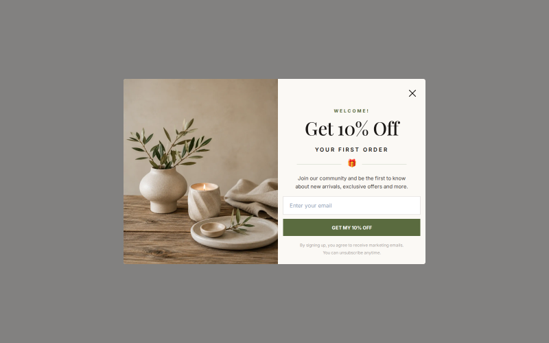 Welcome — 10% off (side-by-side) — Popup Shopify popup template